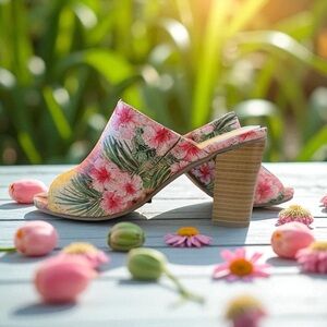 White Mountain stacked block heel peeptoe mules cork floral design 8 jj999